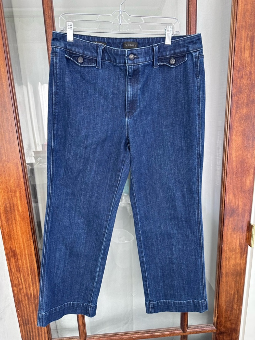 Talbots Trouser Jeans Size 14P Blue Dark Wash Denim Stretch Boot Cotton Buttons